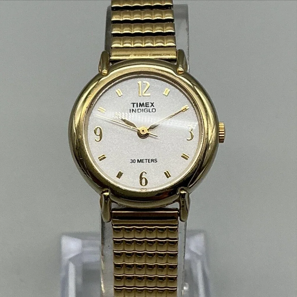 Vintage Timex Indiglo Womens Watch 25mm White Dial Gold Tone Stretch Band